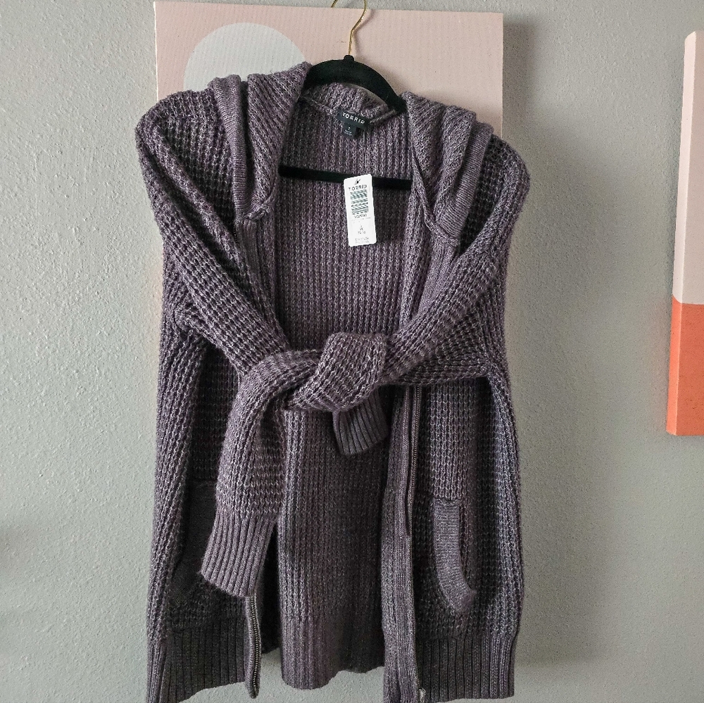 Size 1 / 1X / 14-16 Torrid Waffle-knit Cardigan Hooded Sweater - Heather Grey